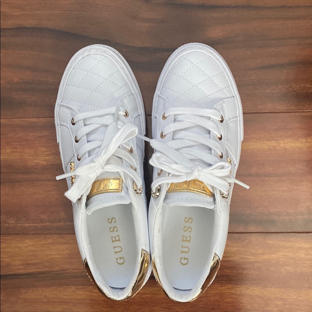GUESS White and Gold Women's Sneakers - Picture 3 of 7